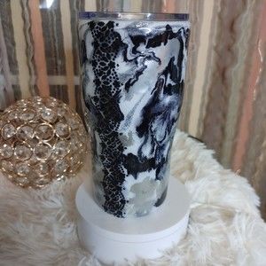 Handcrafted Tumbler Black White Silver Lace Sides Stainless Steel 20oz